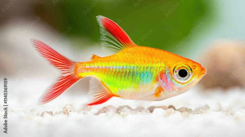 Fototapeta premium A vibrant, colorful fish swimming in a sandy substrate, showcasing its bright orange and red hues against a blurred green background.