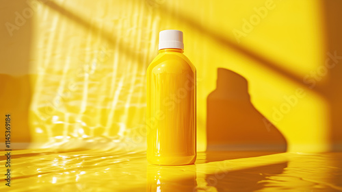 Minimalist Yellow Sunscreen Bottle in Center Framing, Radiating Summer Vibes with Bright Background photo