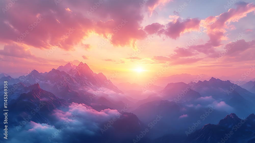 Obraz premium Panoramic view of the mountain landscape with sun