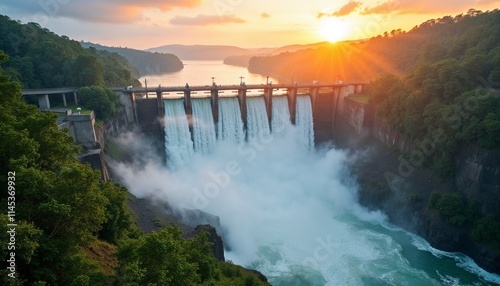 Hydroelectric dam surrounded by lush greenery with powerful water flow and dramatic sunrise