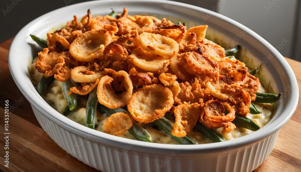 Green bean casserole, close-up, photorealistic Green bean casserole, close-up, photorealistic