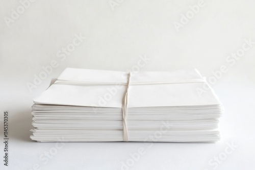 Stack of Blank White Paper Sheets Bound with Rubber Band on White Background