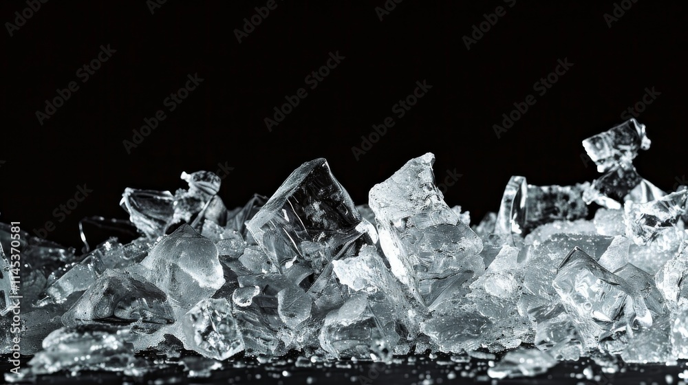 Ice, crushed on a black background. Pieces of crushed ice spread away. Crushing of the ice. Ice, crushed on a black background. Pieces of crushed ice spread away. Crushing of the ice.