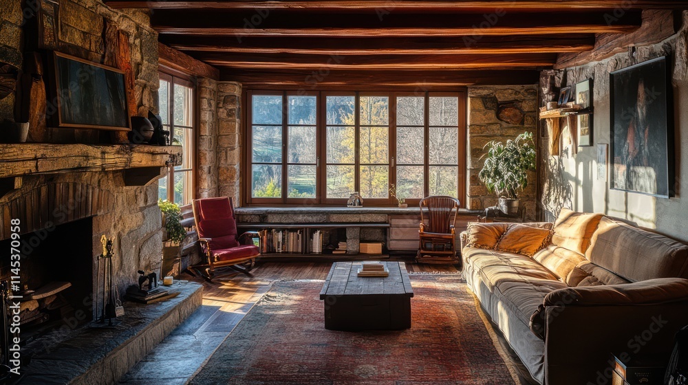 rustic family room with stone fireplace. rustic family room with stone fireplace.