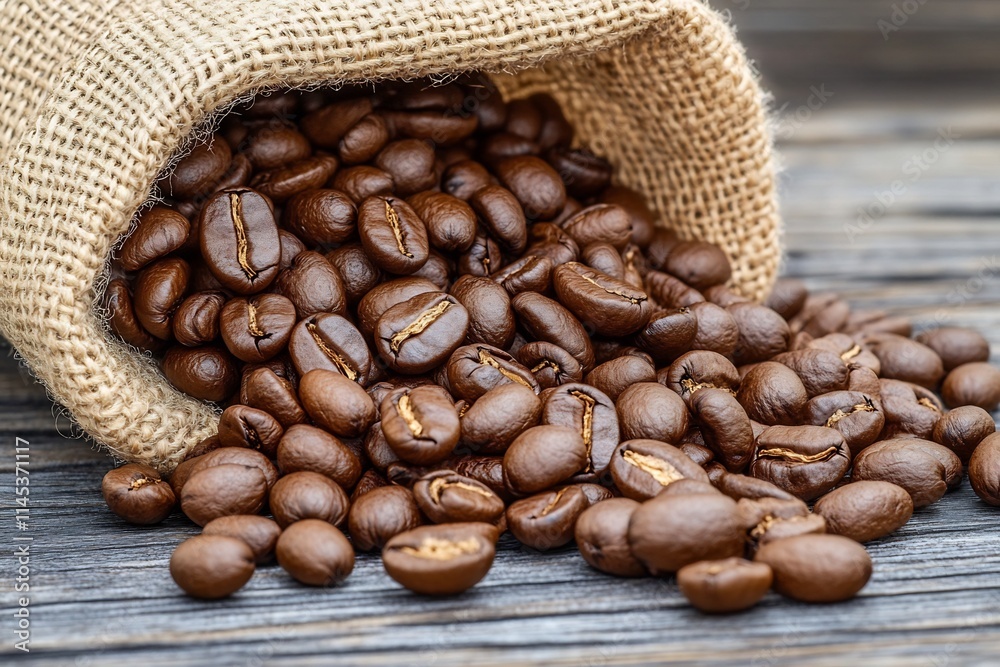 Closeup View of Spilling Coffee Beans from Burlap Sack on Wooden Surface Closeup View of Spilling Coffee Beans from Burlap Sack on Wooden Surface