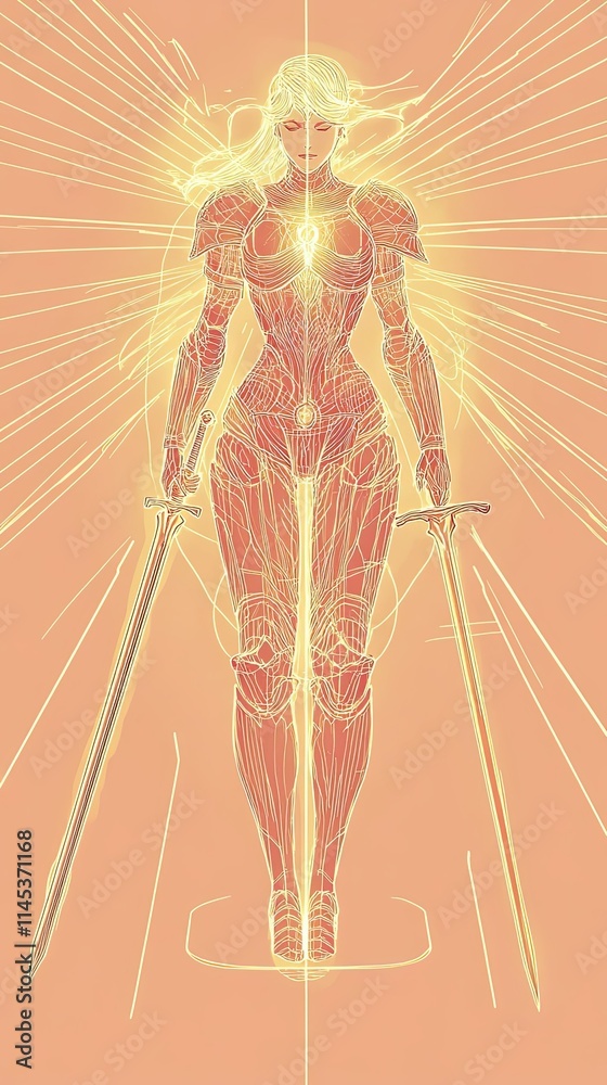 Obraz premium Radiant Warrior Woman Holding Two Swords