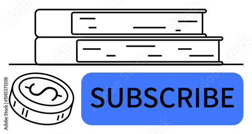 Books stacked with a coin symbol next to a blue subscribe button. Ideal for online courses, education, e-learning, financial subscriptions, investment plans, newsletters. Line metaphor