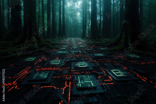 A futuristic depiction of the impact of technology on the environment, showcasing integrated circuits and chips blending with a dense forest. It reflects the balance or conflict between technology and photo