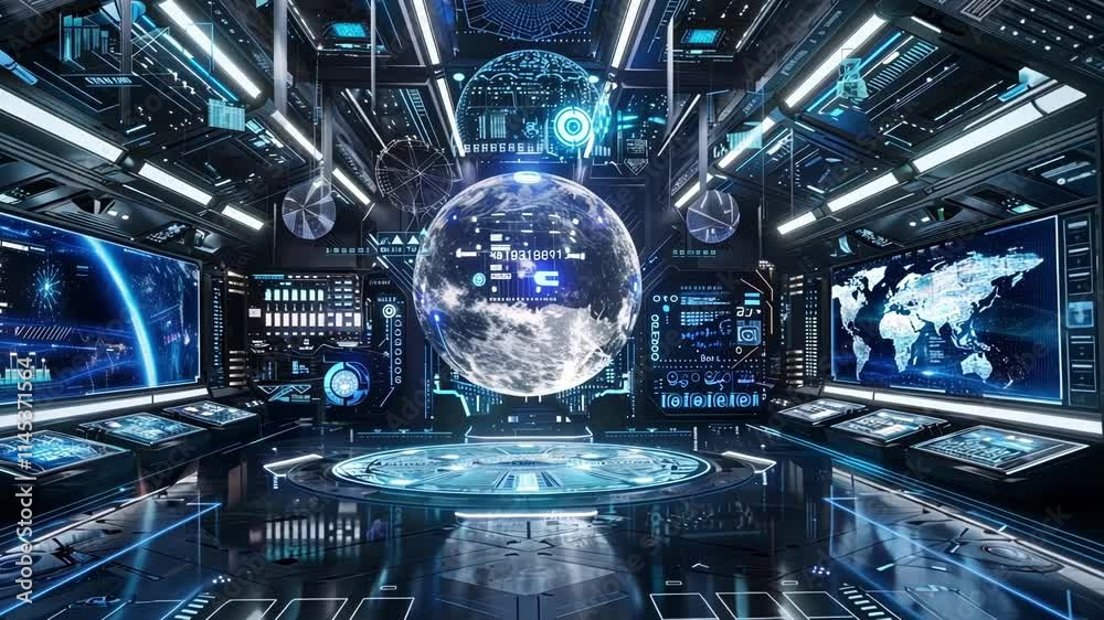 Futuristic command center uses holographic displays and advanced technology for planet earth monitoring and data analysis, showcasing future of space exploration and technological advancements