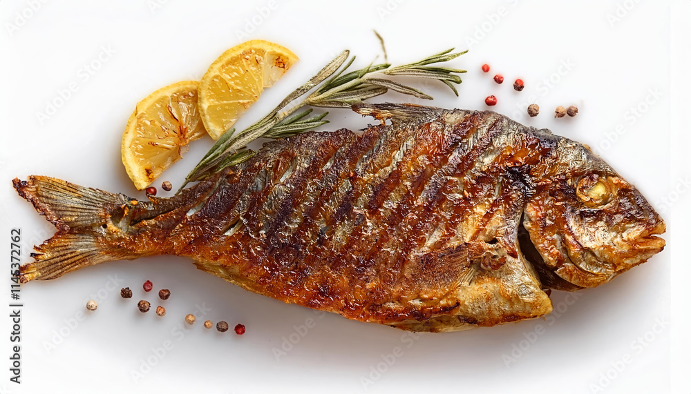 grilled spicy fish isolated on white background, top view grilled spicy fish isolated on white background, top view