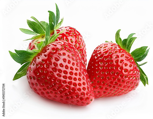 Fresh strawberries isolated on white background. Three strawberries closeup.