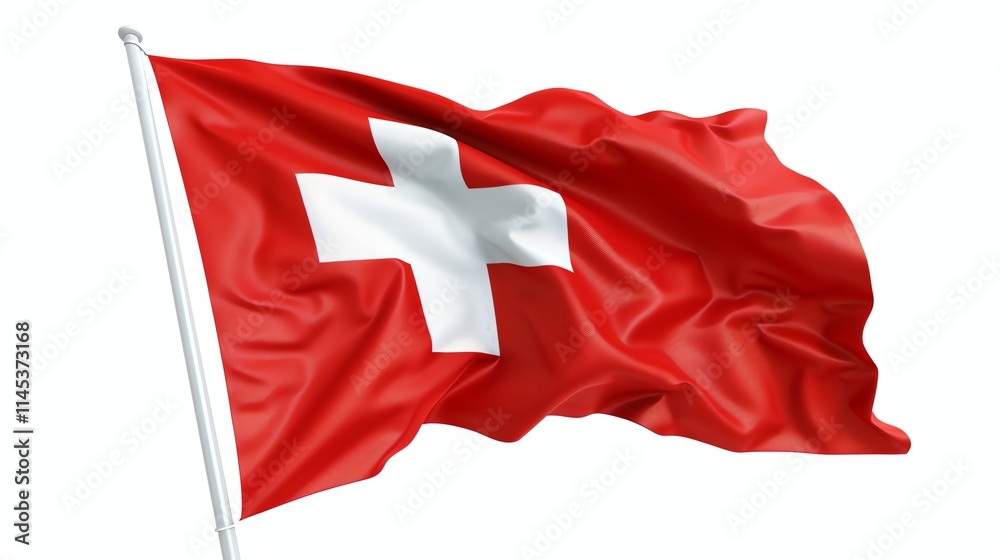 Waving Swiss flag on a flagpole against a white background. Waving Swiss flag on a flagpole against a white background.
