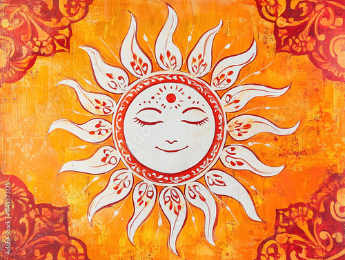 Orange and Yellow Patterned Square Tile with White Sun Illustration Featuring Traditional Indian Motifs and Red Borders photo