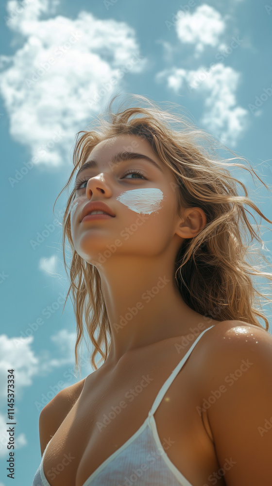 Sunscreen Model with White Cream on Face, Sunlit Scene with Blue Sky and Clouds Sunscreen Model with White Cream on Face, Sunlit Scene with Blue Sky and Clouds