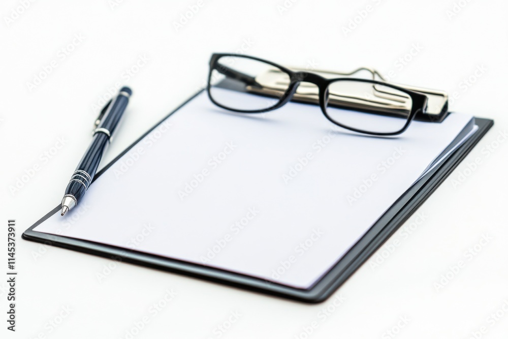 Office Essentials Clipboard, Pen, and Glasses on White Background Office Essentials Clipboard, Pen, and Glasses on White Background