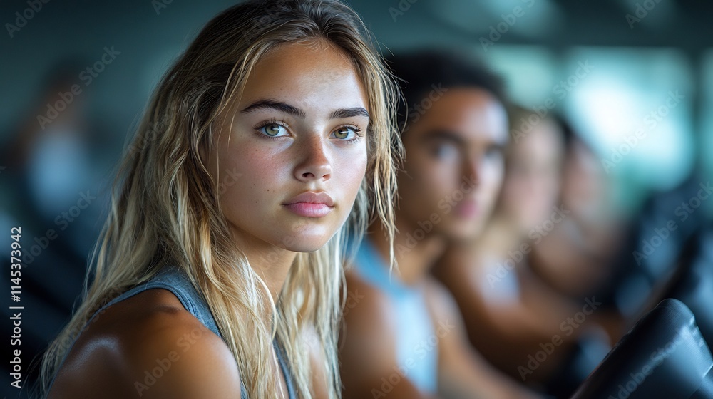 Diverse group of men and women doing cardio workouts on treadmills and elliptical machines in a professional gym setting Diverse group of men and women doing cardio workouts on treadmills and elliptical machines in a professional gym setting