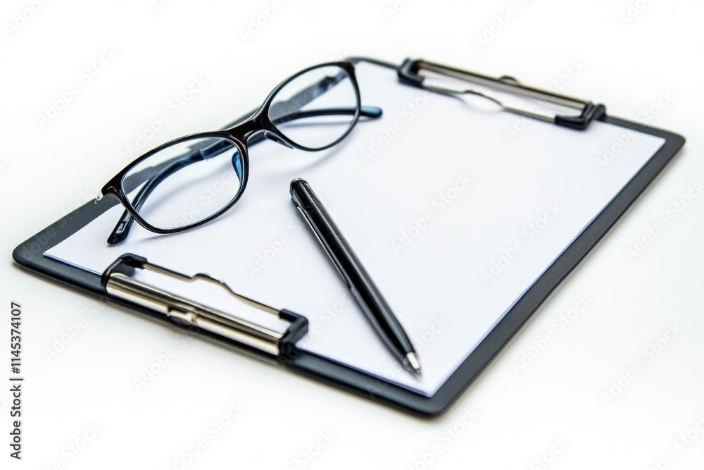 Clipboard, Pen, and Eyeglasses: A Ready-for-Business Workspace Clipboard, Pen, and Eyeglasses: A Ready-for-Business Workspace