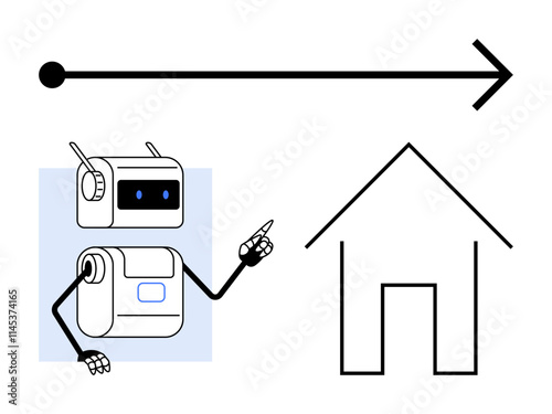 Robot with articulated arms pointing to simple house outline, forward arrow above indicating direction. Ideal for technology, AI, robotics, progress, home automation, future trends, innovation. Line