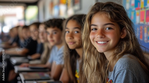 Diverse group of students in a welllit technologyrich classroom using tablets and interactive smartboards smiling as they engage in collaborative learning activities with their teacher photo