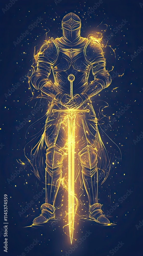 Golden Knight Stands Proudly Holding His Sword Golden Knight Stands Proudly Holding His Sword