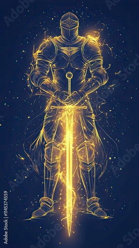 Golden Knight Stands Proudly Holding His Sword