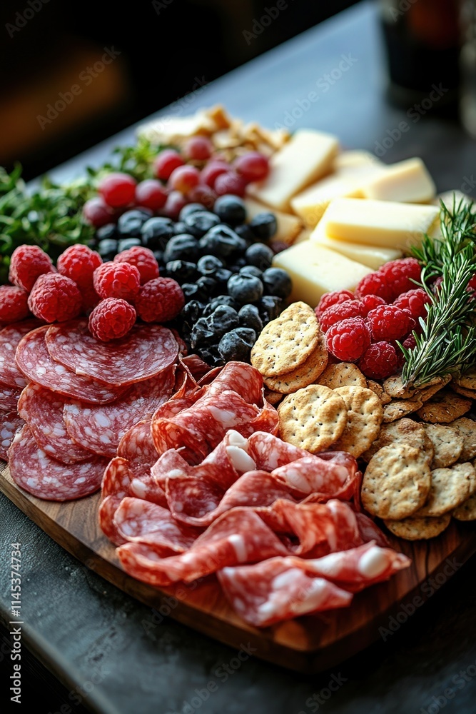 Gourmet platter with assorted cheeses, salami, crackers, berries, rosemary beautifully arranged on wooden board, appetizer concept