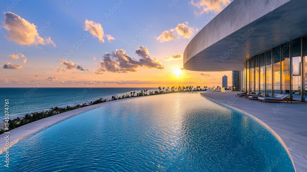 Naklejka premium Luxury Infinity Pool Overlooking a Stunning Ocean Sunset