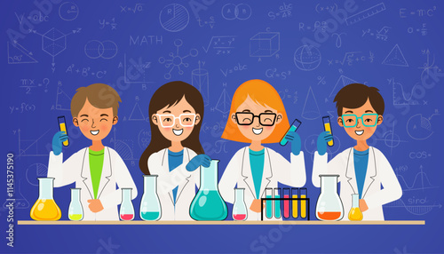 Students in lab coats pouring chemicals into test tubes, with equipment like beakers and glass containers on the table