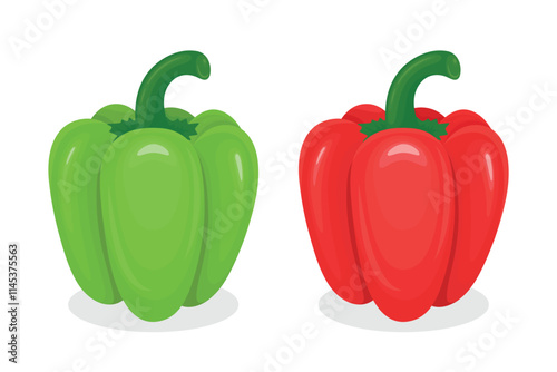 Two Vibrant Vector Cartoon Bell Peppers in Green and Red. Side View. Design Template for Food Packaging, Culinary Projects, Kitchen Designs. High-quality Bell Pepper Icon Set, Vector Illustration