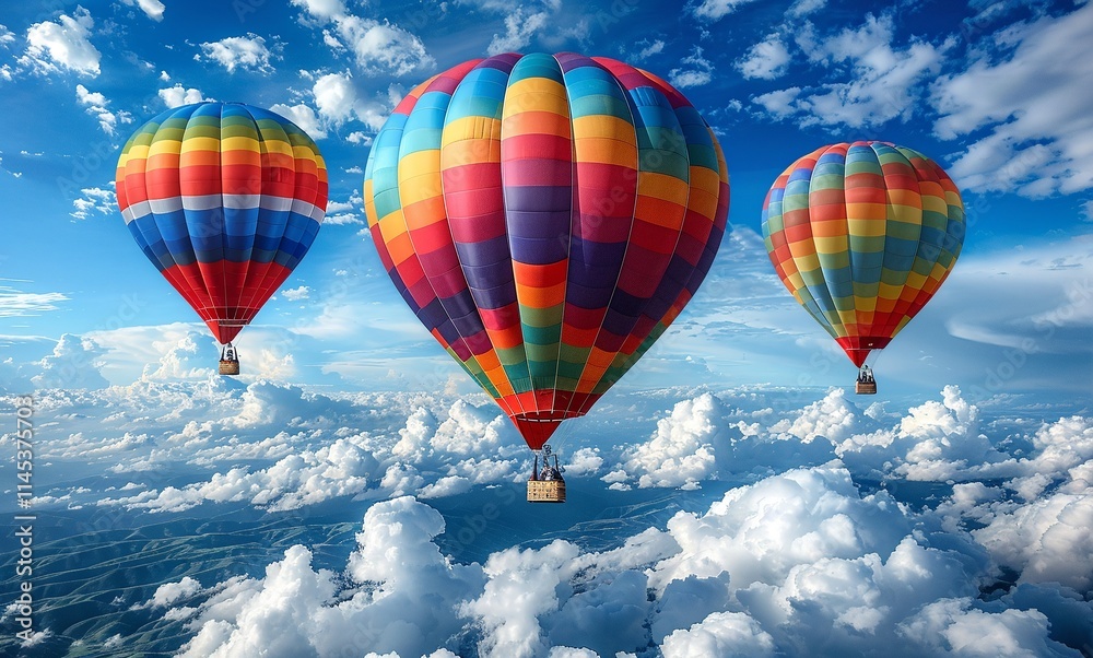 Obraz premium Three vibrant hot air balloons drift peacefully above a breathtaking landscape of fluffy clouds and a deep blue sky. A truly magical sight!