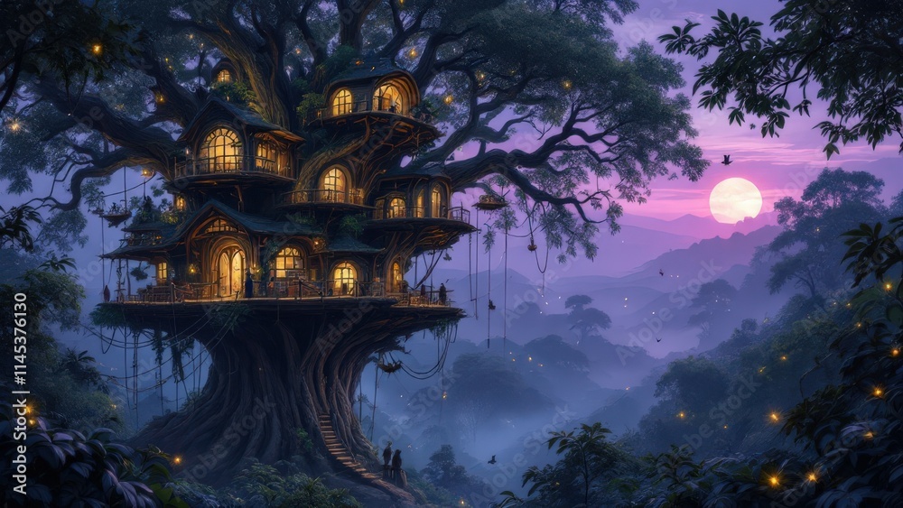 Fototapeta premium A whimsical treehouse surrounded by a magical forest, showcasing creativity and adventure, perfect for children's content and imaginative themes.