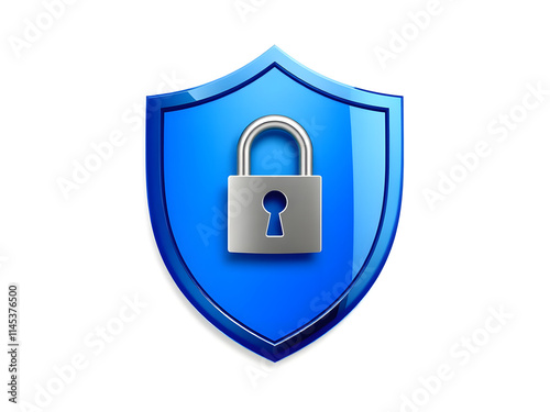 3d silver color lock inside blue shield icon isolated on white background security concept