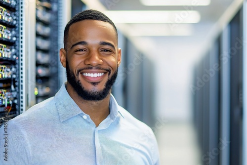Confident African American Network Administrator Smiling in Corporate Office Setting