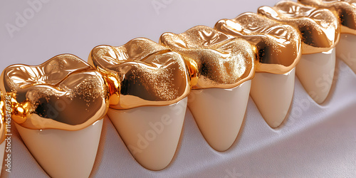 Gold Dental Crowns, Gleaming Teeth Restoration, Enhancing Oral Health and Smile Aesthetics Significantly. photo