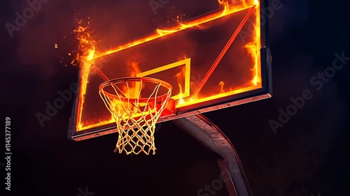Flaming basketball hoop with net, dark background. Animation video Generated AI
