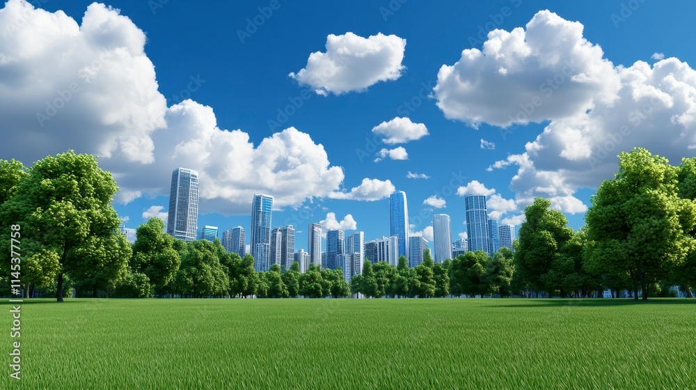 Obraz premium A vibrant city skyline rises against a backdrop of blue skies and fluffy clouds, framed by lush green grass and trees, illustrating harmony between nature and urban life.
