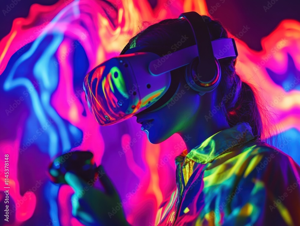 Obraz premium Futuristic Woman Engaged in Virtual Reality with Vibrant Background