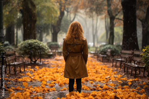 transformation of a rain-soaked park into a haven of seclusion and introspection, where ethereal symphony of raindrops creates an unparalleled atmosphere photo