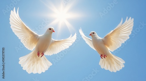 Two white doves in flight against a bright sunlit sky.