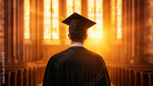 Back view of graduate at chapel sunset celebration moment