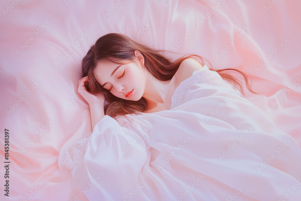 Healthy sleep concept, beautiful woman sleeping happily on bed at night. Generative Ai. Healthy sleep concept, beautiful woman sleeping happily on bed at night. Generative Ai.