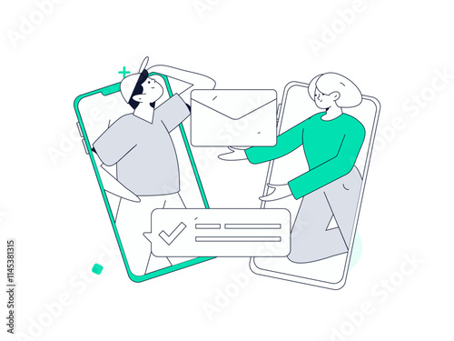 Virtual characters social communication concept business flat vector hand drawn illustration
