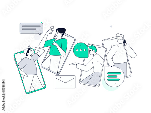 Virtual characters social communication concept business flat vector hand drawn illustration
