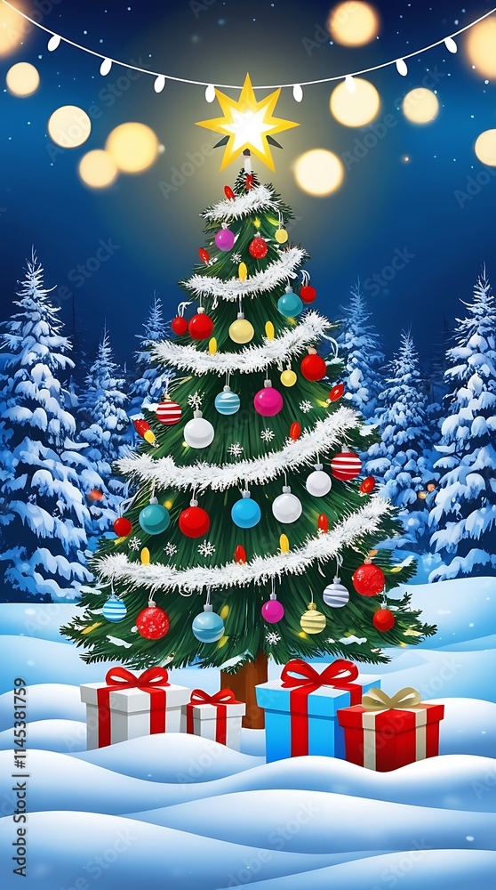 Obraz premium Christmas Tree On Snow At Night With Shiny Star And Gift Boxes In Winter Forest - Winter Abstract Landscape