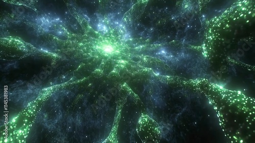 A mesmerizing green cosmic web of energy pulsates and flows through the dark depths of space. Glittering particles dance and swirl creating a captivating visual spectacle.