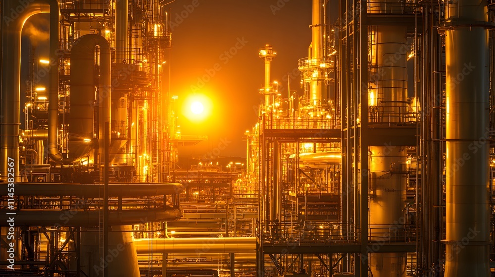 A futuristic cityscape with a lot of pipes and wires. The pipes are glowing with a bright orange light A futuristic cityscape with a lot of pipes and wires. The pipes are glowing with a bright orange light