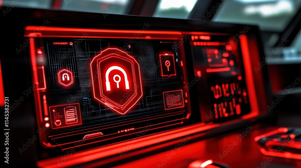 A futuristic computer interface glows red with a prominent headphone icon. Digital displays and controls suggest a high-tech environment possibly related to audio or communication. A futuristic computer interface glows red with a prominent headphone icon. Digital displays and controls suggest a high-tech environment possibly related to audio or communication.