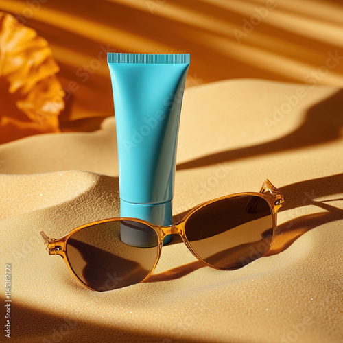 Sunglasses and Blue Sunscreen Tube in Bright Ad Image with Sand Background photo