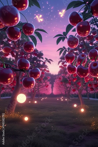 Wallpaper Mural A magical cherry grove glowing under a twilight sky, with oversized cherries glistening like jewels on the trees Torontodigital.ca