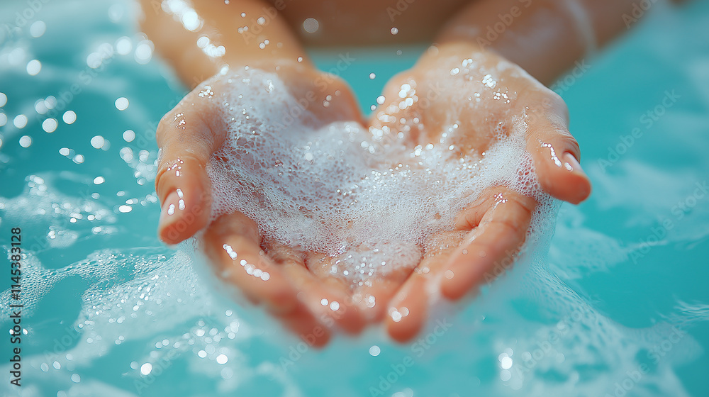 Obraz premium Illustration of hand washing, face washing with soap or white foam with a little bubble.